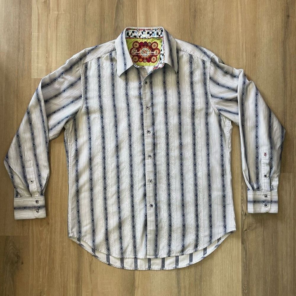 Robert Graham Mens Large Blue White Multi Stripe Long Sleeve Shirt Cotton EUC